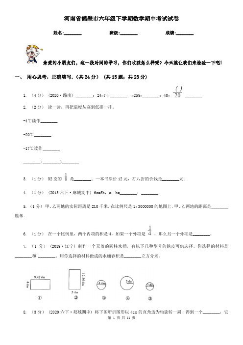 河南省鹤壁市六年级下学期数学期中考试试卷