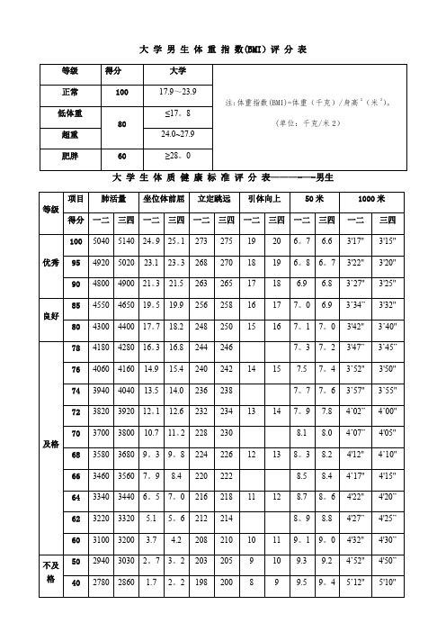 大学生体质健康标准评分表【范本模板】