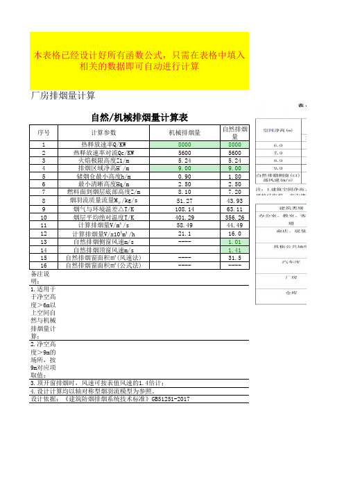 厂房排烟量自动计算表格