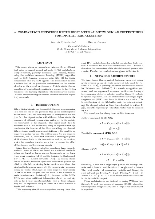 A COMPARISON BETWEEN RECURRENT NEURAL NETWORK ARCHITECTURES FOR DIGITAL EQUALIZATION