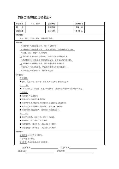 网络工程师职位说明书范本