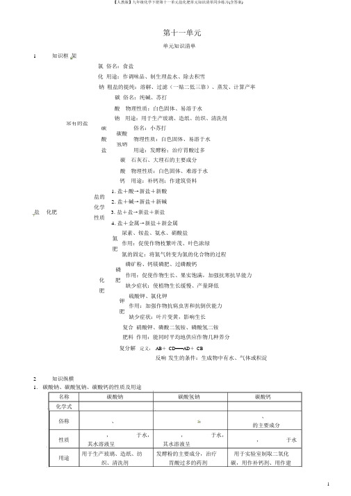 【人教版】九年级化学下册第十一单元盐化肥单元知识清单同步练习(含答案)