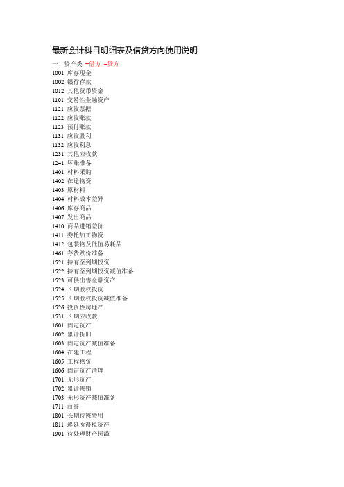 最新会计科目明细表及借贷方向使用说明