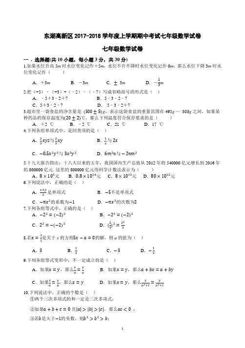 东湖高新区2017-2018年七年级上学期期中考试数学调研检测卷