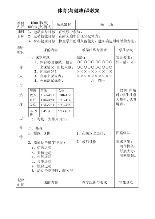 体育教案1000米、800米测试