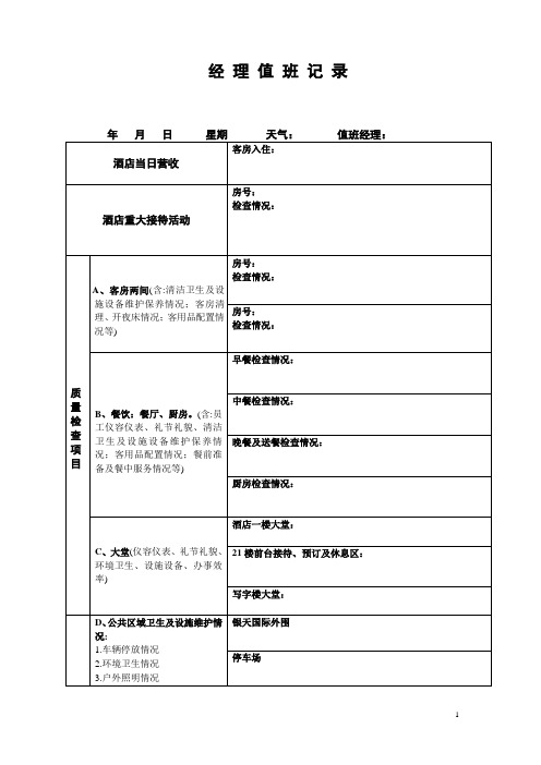 经理值班记录-酒店值班检查表