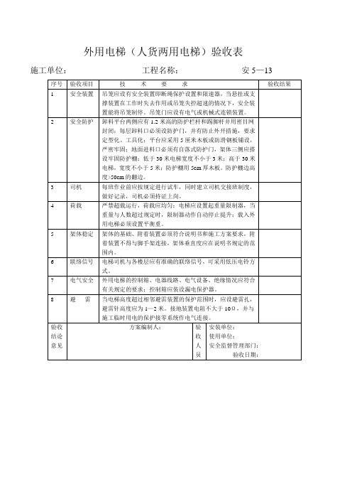 外用电梯(人货两用电梯)验收表