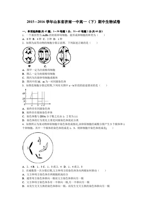 山东省济南一中2015-2016学年高一下学期期中生物试卷 含解析