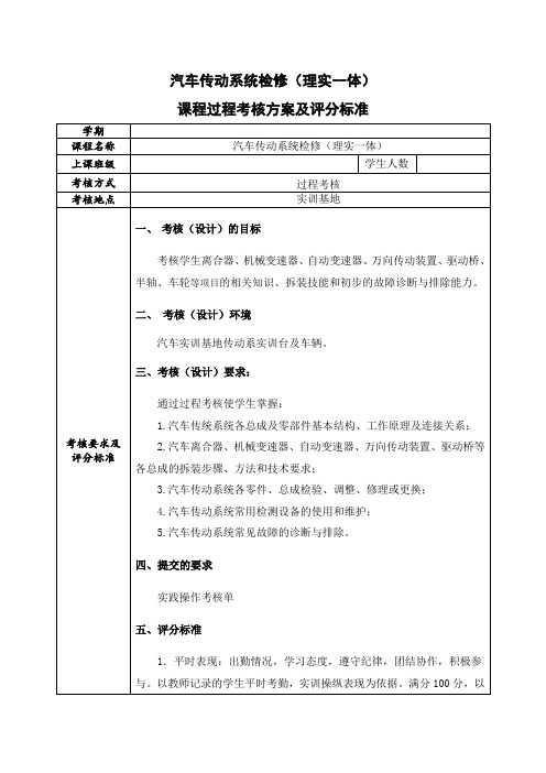 汽车传动系统检修课程过程考核方案及评分标准