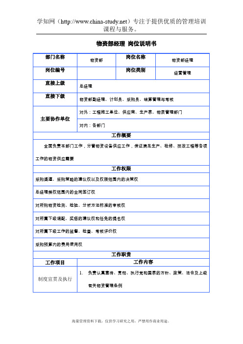 物资部各级部门岗位分析