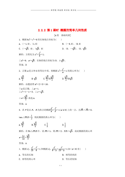 高中数学第二章2.2椭圆2.2.2第1课时椭圆的简单几何性质优化练习新人教A版选修4