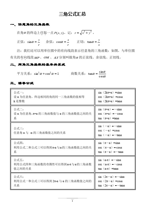 高考复习三角函数公式大全