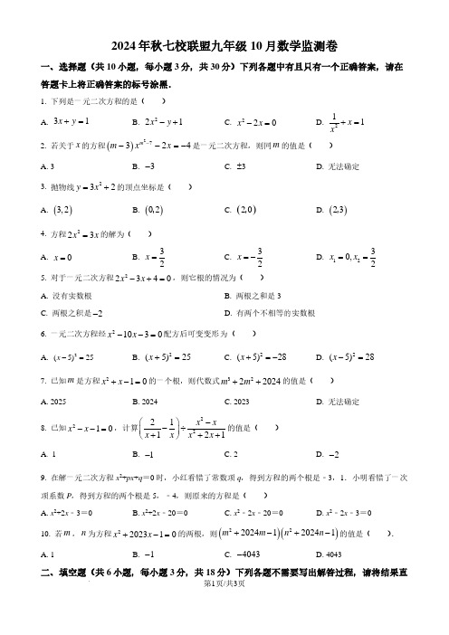 湖北武汉黄陂区七校联盟2024年九年级上学期10月月考数学试题