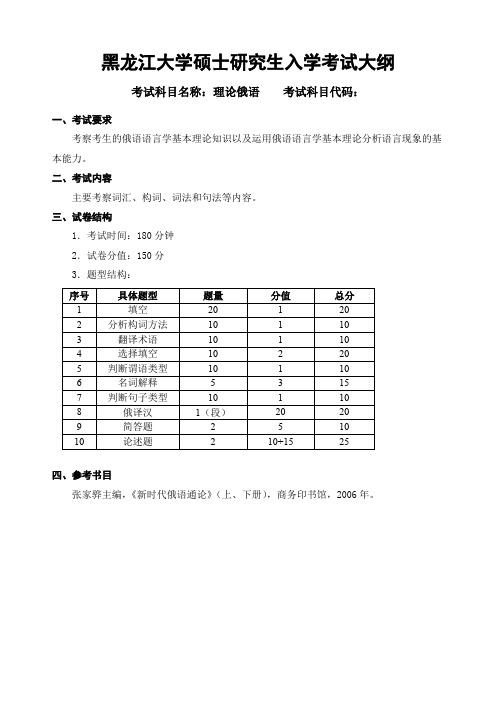 黑龙江大学854理论俄语2020年考研专业课初试大纲