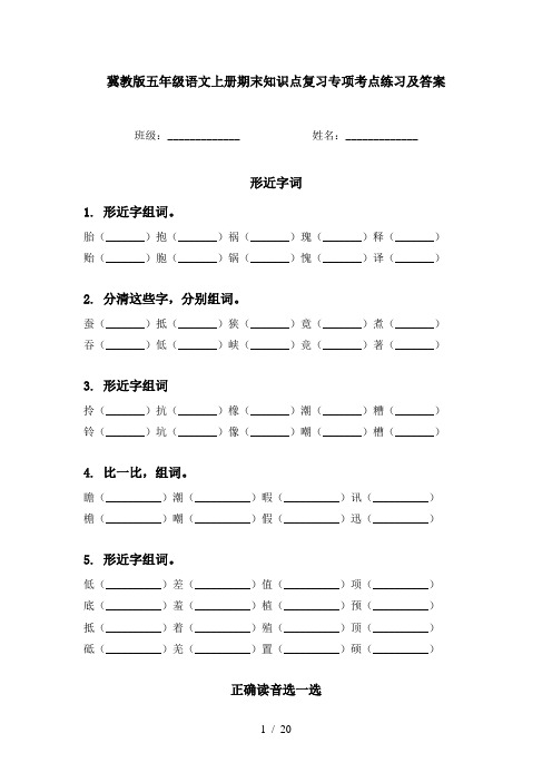 冀教版五年级语文上册期末知识点复习专项考点练习及答案