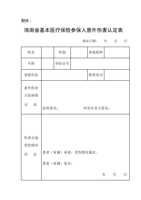  海南省基本医疗保险参保人意外伤害认定表