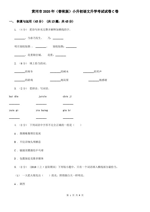 黄冈市2020年(春秋版)小升初语文升学考试试卷C卷