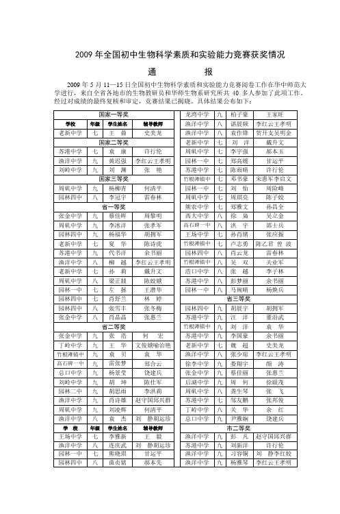 2009年全国初中生物科学素质和实验能力竞赛