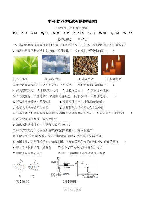 中考化学模拟试卷(附带答案)