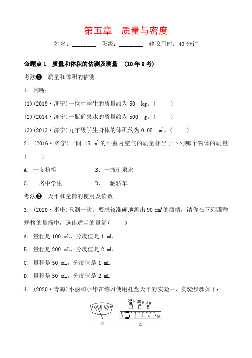 2021年山东省济宁市物理中考复习考点过关训练 第五章 质量与密度
