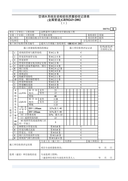 空调水系统安装检验批质量验收记录表