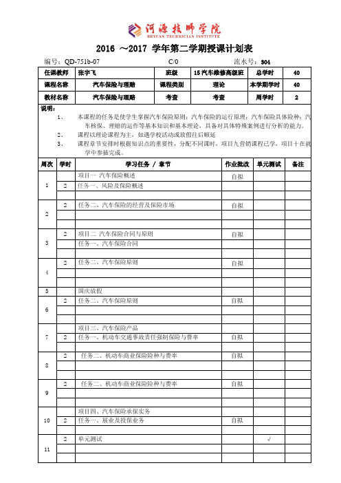 (汽车保险与理赔 )授课计划表(2015-3-6)模板