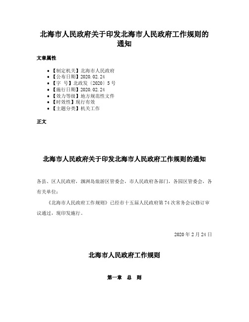 北海市人民政府关于印发北海市人民政府工作规则的通知