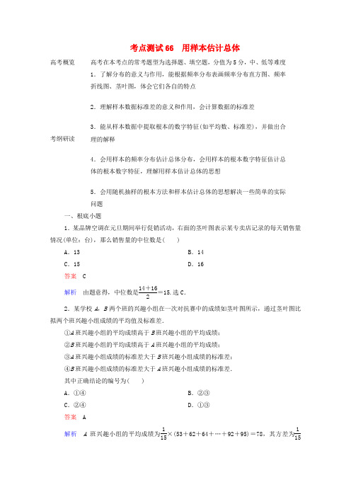 届高考数学一轮复习第一部分考点通关练第八章概率与统计考点测试用样本估计总体含解析新人教B版