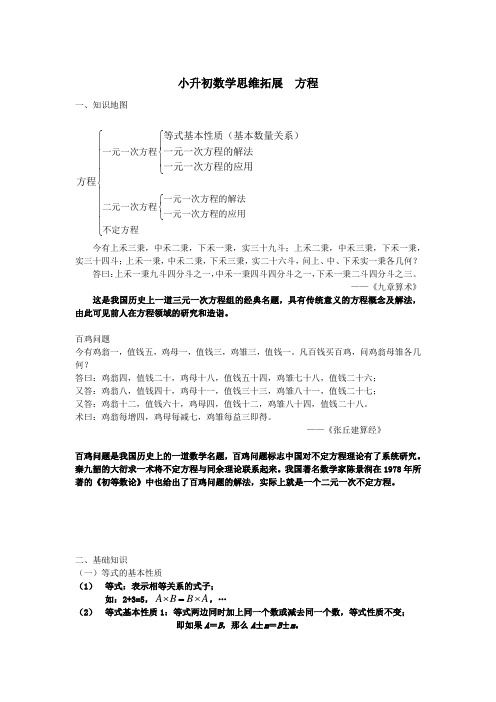 2019年小学六年级数学下册试题 小升初数学专题    方程(含答案解析)