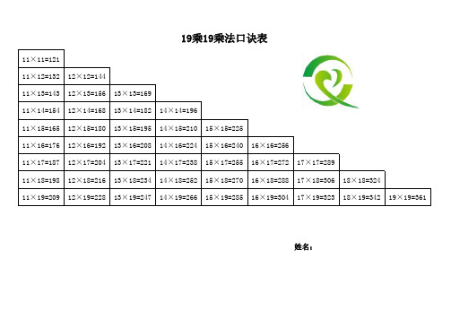 19乘19乘法口诀表