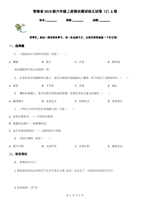 青海省2019版六年级上册期末测试语文试卷(C)A卷