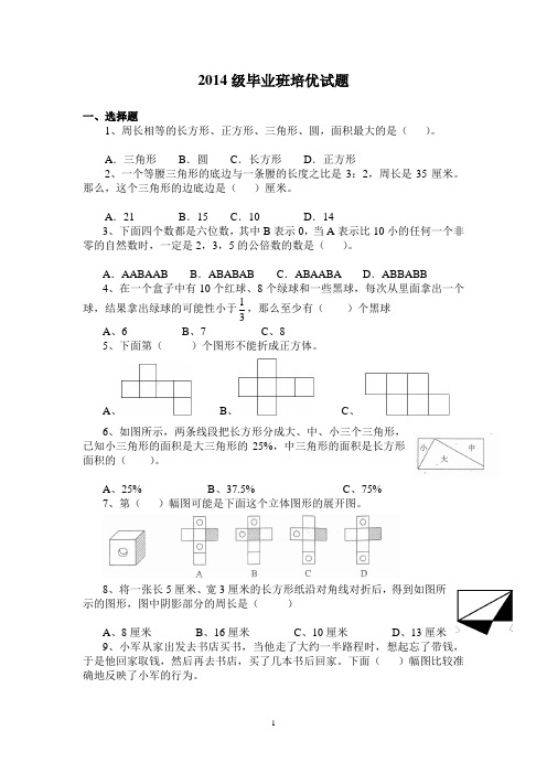 2014小学数学毕业培优试题