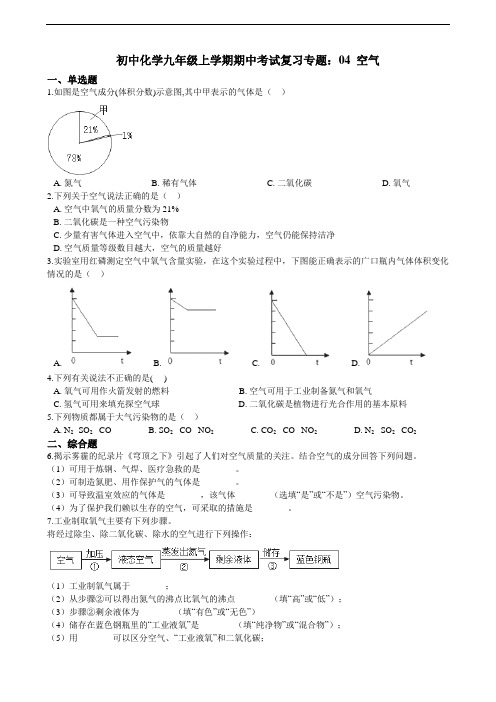 初中化学九年级上学期期中考试复习专题：04 空气 练习（含答案）