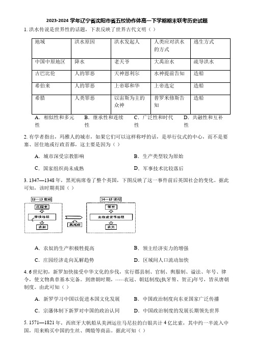 2023-2024学年辽宁省沈阳市省五校协作体高一下学期期末联考历史试题