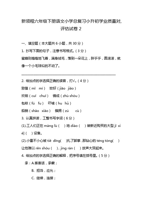 新领程六年级下册语文小学总复习小升初学业质量对,评估试卷2