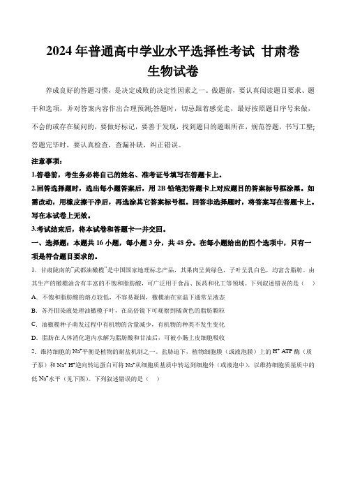 (2024年高考真题含解析)甘肃省2024年普通高中学业水平选择性考试生物试卷(含解析)