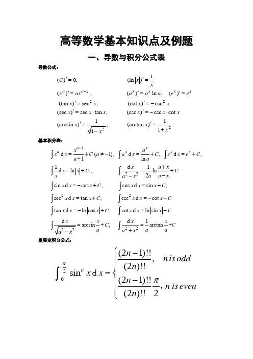 高等数学基本知识点及例题(第2学期)