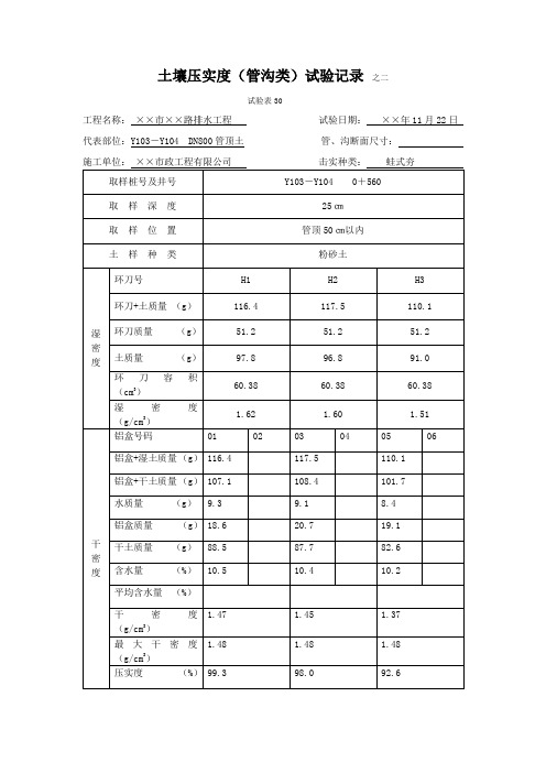 土壤压实度(管沟类)试验记录Word表格