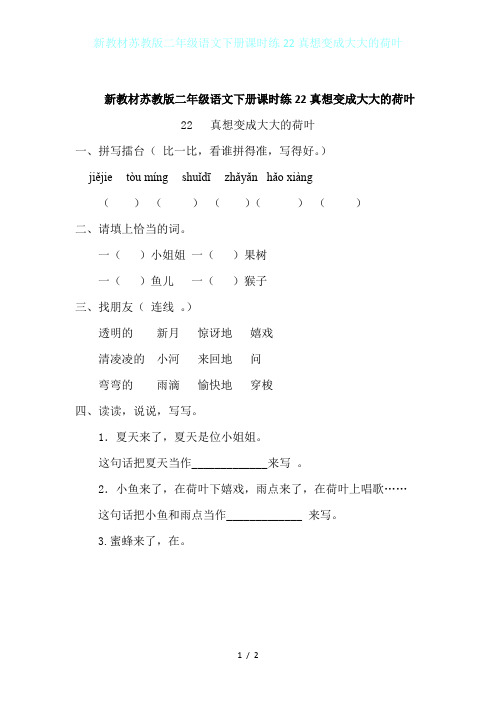 新教材苏教版二年级语文下册课时练22真想变成大大的荷叶