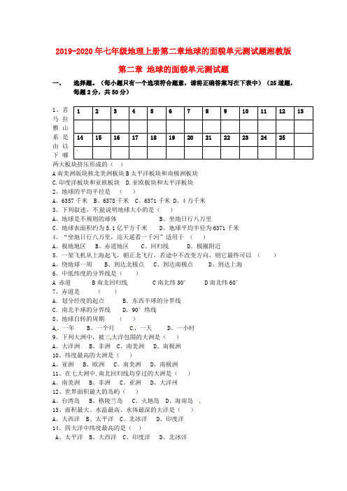 2019-2020年七年级地理上册第二章地球的面貌单元测试题湘教版