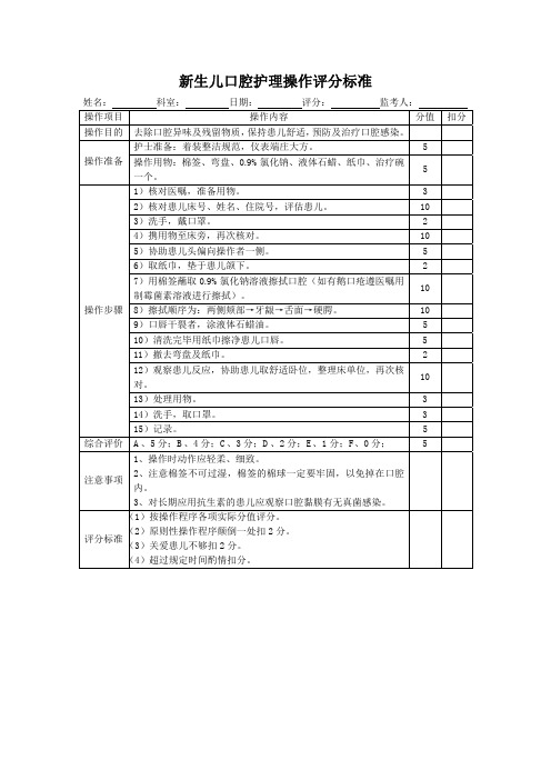 新生儿口腔护理操作评分标准表