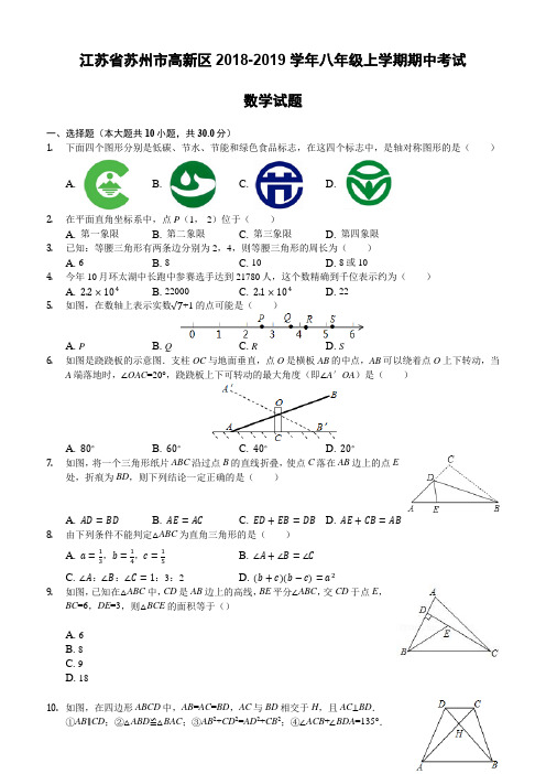 江苏省苏州市高新区2018-2019学年八年级上学期期中考试数学试题(解析版)