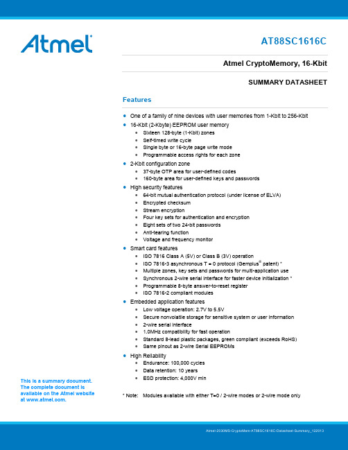 AT88SC1616C Atmel CryptoMemory 16K 位安全电器记忆晶体管数据手册说