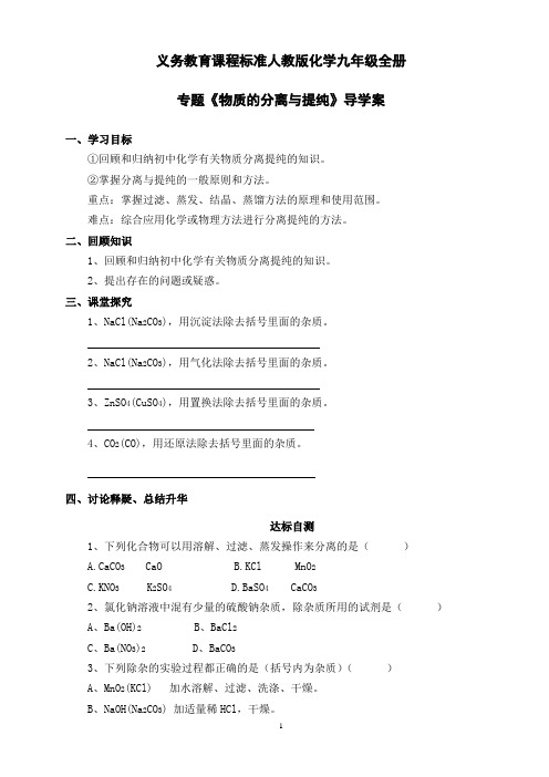 九年级化学专题复习7  物质的分离与提纯  导学案