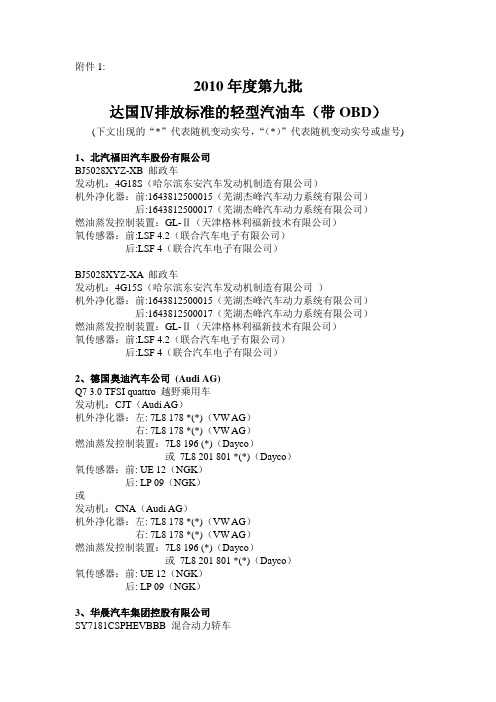 2010年度第九批达国Ⅳ排放标准的轻型汽油车(带OBD)