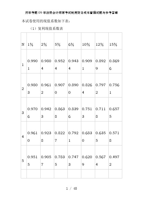 历年考题09年注册会计师原考试制度财务成本管理试题及参考答案