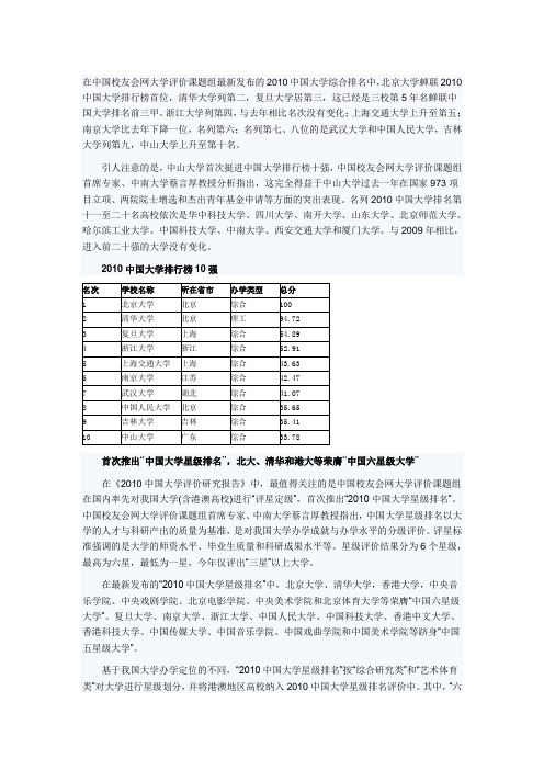 最新2010中国大学排名榜