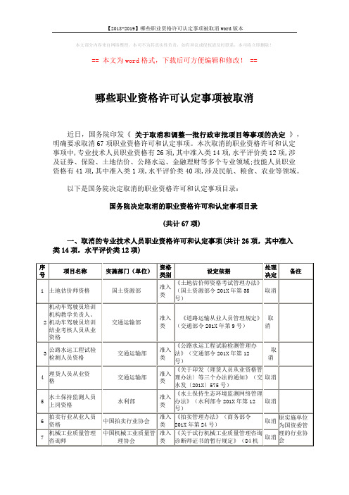 【2018-2019】哪些职业资格许可认定事项被取消word版本 (6页)