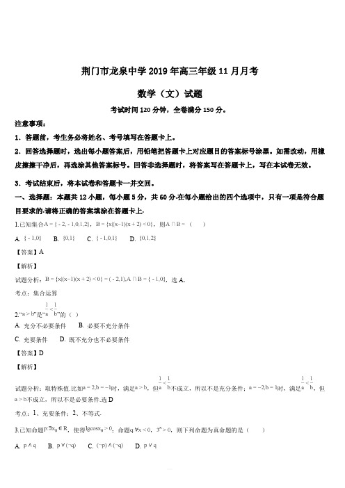 湖北省荆门市龙泉中学2019年高三年级11月月考文科数学试题(解析版)