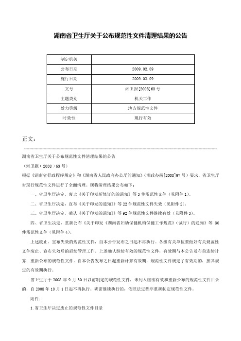 湖南省卫生厅关于公布规范性文件清理结果的公告-湘卫报[2008]63号